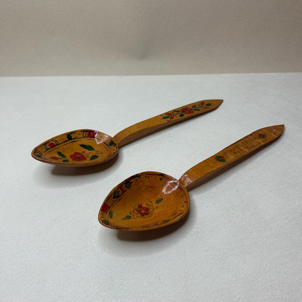 Pair Vintage Turkish Tarakli Hand Painted Wooden Spoons Mehmet Sayin Folk Art